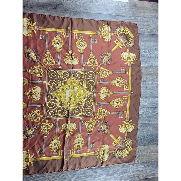 Lancel Rolled Hem Silk Scarf Decorative Scroll Keys Brown Square 34" x 34.5" - Picture 3 of 7
